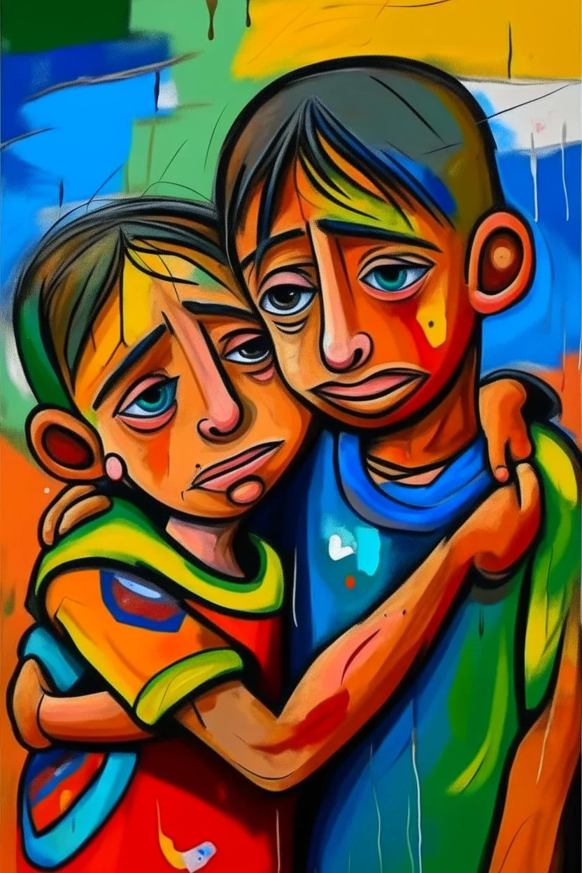 a girl hug her brother and both crying sadly, expressionism, Pixar style, in abstract art Basquiat, Picasso, Miro, Kandinsky, Klee, Birell, Fairey, Ardon, Buffet aand Picasso style, HD --s 750 --v 5.1 --style raw, water color