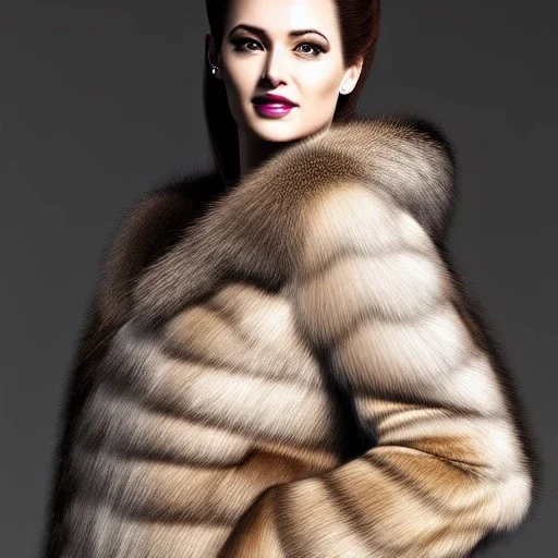 A portrait very beautiful woman, longs hairs, realistic, cinematic lighting, 8k, fur coat