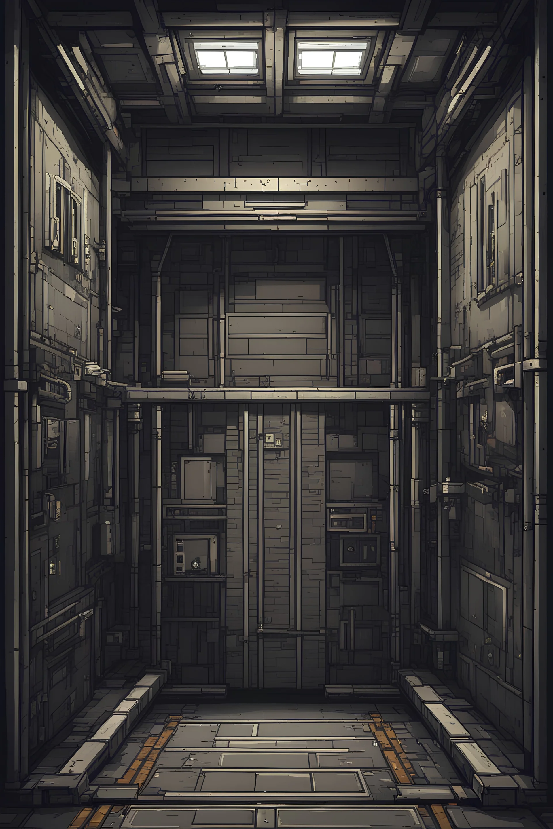 background, abandoned elevator tunnel inside laboratory bunker for asset video game pixel art 2D view, platformer, tileset, open top and bottom