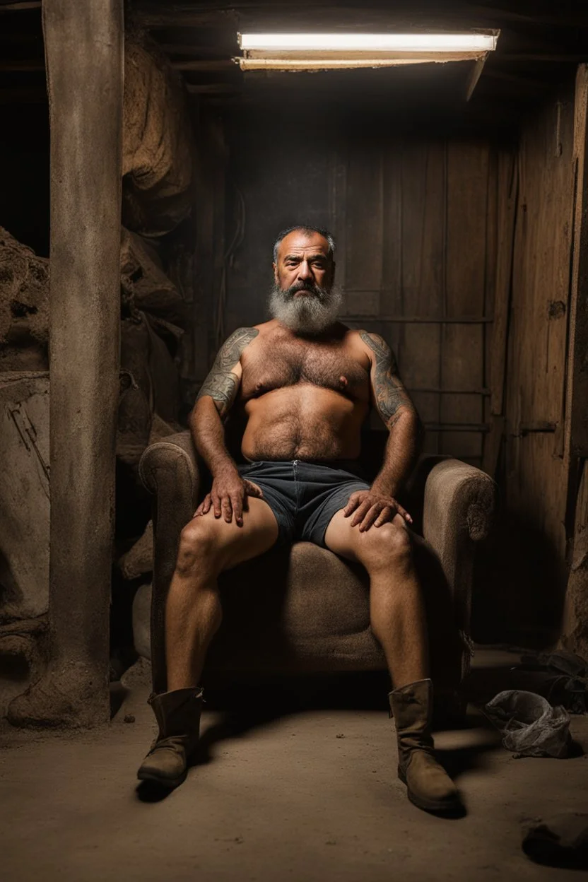 full figure shot photography of a 49-year-old turkish angry beefy tattoo very hairy sweaty worker sitting spread-legged in an old sofa inside a construction site shed, big shoulders, boots, dressed in bulging shorts,shirtless, stubble, big manly legs, hairy chest, serious eyes, midnight, dim neon lights illuminating and shine on the beards of sweat that fill his large chest, photorealistic , ambient occlusion, view angle from the ground