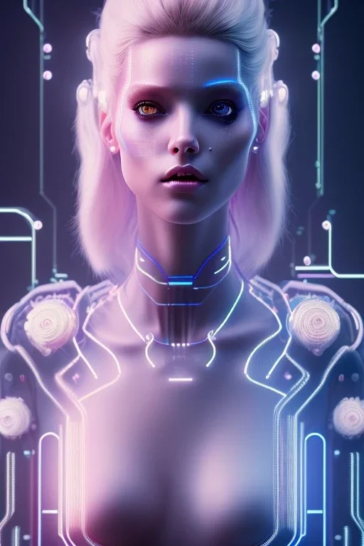 cyberpunk, head, women, portrai, tron sketch of a girl on lined paperA beautiful one nude body of a make up smiling woman blond long hair, alone, high key lighting, volumetric light high details with white stripes and blue eye, smiling with plump pink lips, flowers around, unreal engine petit prince belle fine, profil de trois quart, grand front cosmique, peau bleu cristalline, yeux bleu, perle sur le front long cheveux blond et rose etoilé, cristaux sur le corps, collier de grande princesse, l