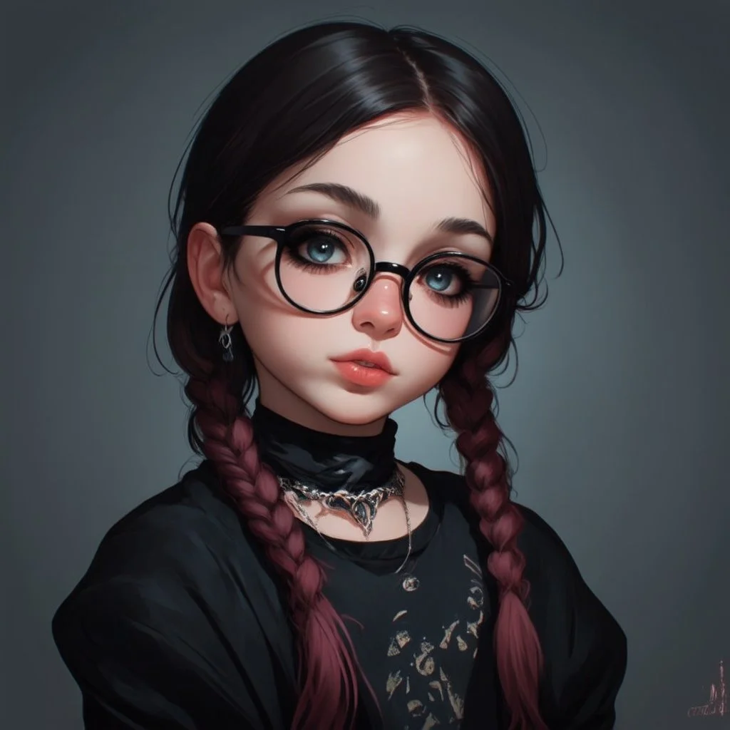 a 18 year old, goth aesthetic, glasses, digital art, stylised