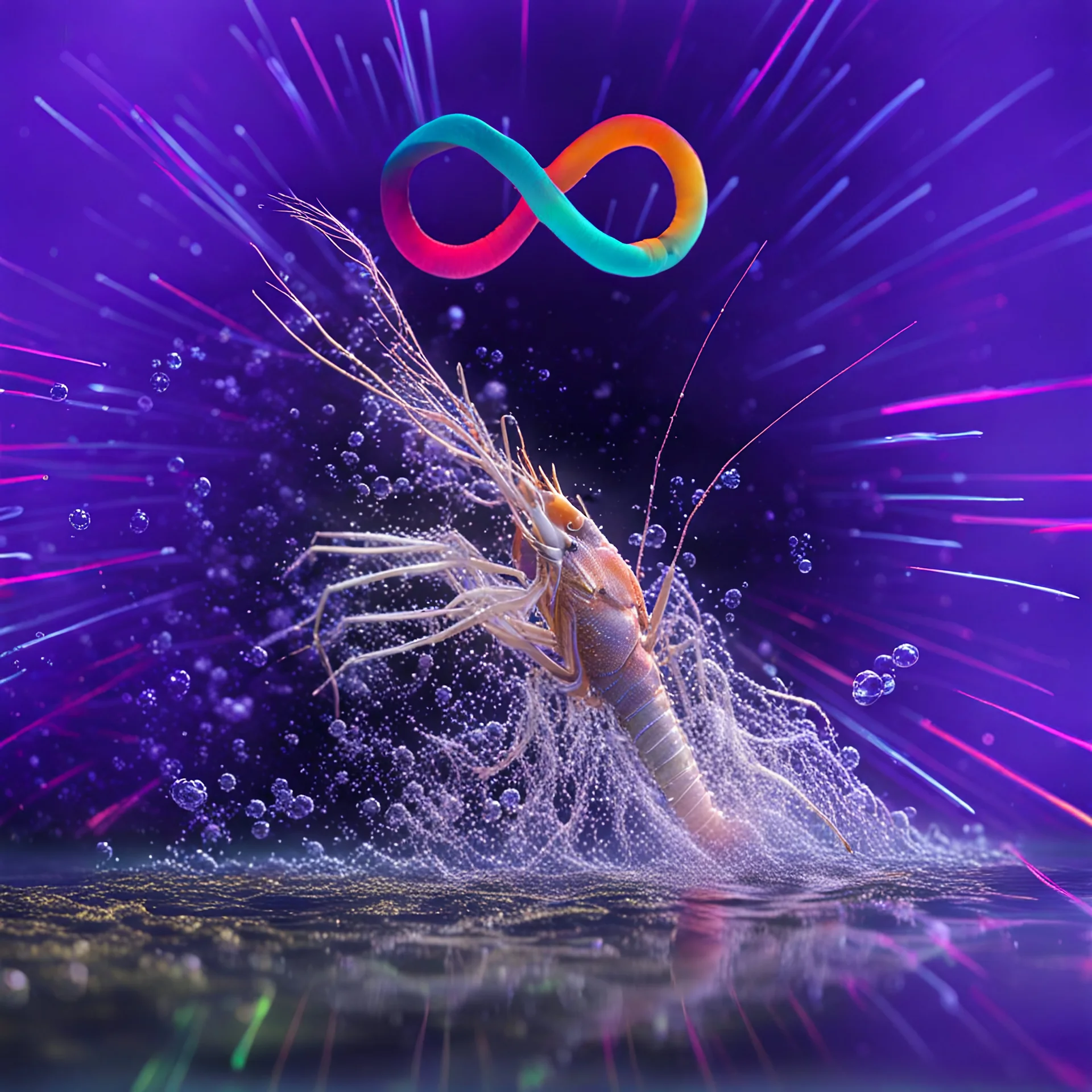 infinity symbol ∞ with vibrant powerful single prawn coming out of the water, striking, neon, chiaroscuro, dramatic, captivating, powerful, fantasy, beautiful, octane render, 16k post-production, artstation: award-winning: atmospheric: commanding: fantastical: clarity: ultra quality: striking: brilliance: stunning colors: amazing depth; lens: f/11, 35mm