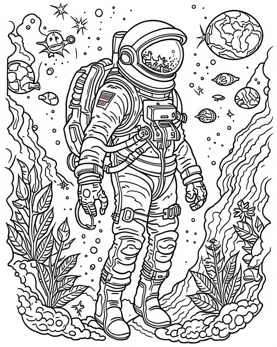 outline art for stoners coloring pages with A very simple and super minimal design featuring A cosmic coloring page featuring an astronaut floating in space surrounded by cannabis constellations., white background, sketch style, fully body, only use outline, cartoon style, clean line art, white background, no shadows and clear and well outlined