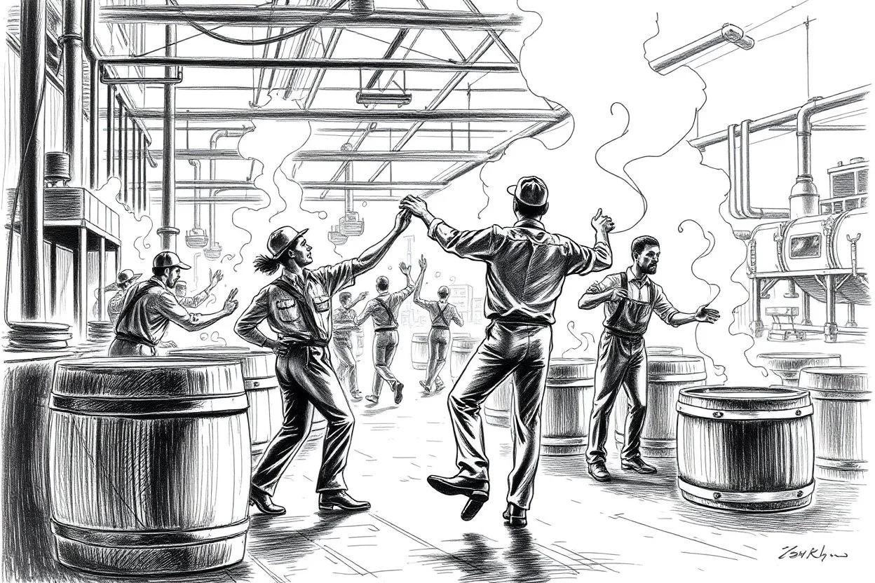 workers dancing in a industry factory , a drawing with sketch lead pencil, barrels and crates that needs pushing and pulling