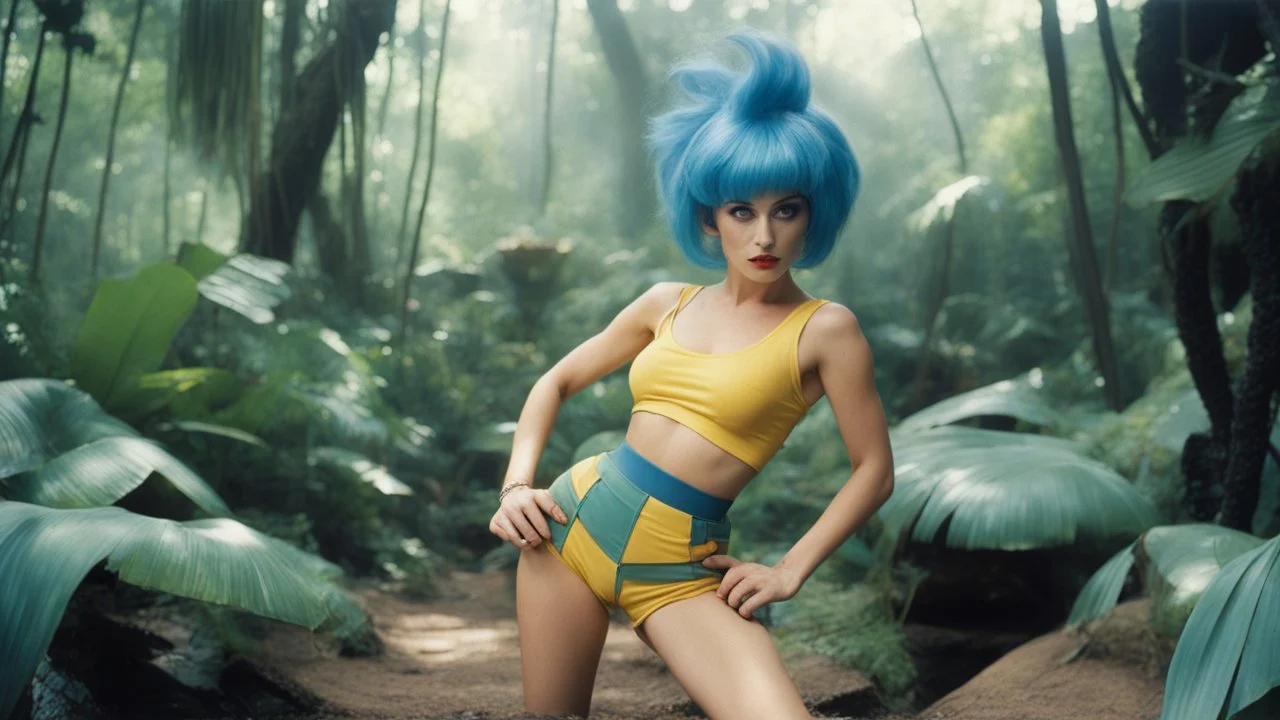 [photo by Norman Parkinson for Sears] blue hair Bulma from dragon ball, in her crop top and high-waisted balloon shorts in the jungle; she works on a womaniser robot