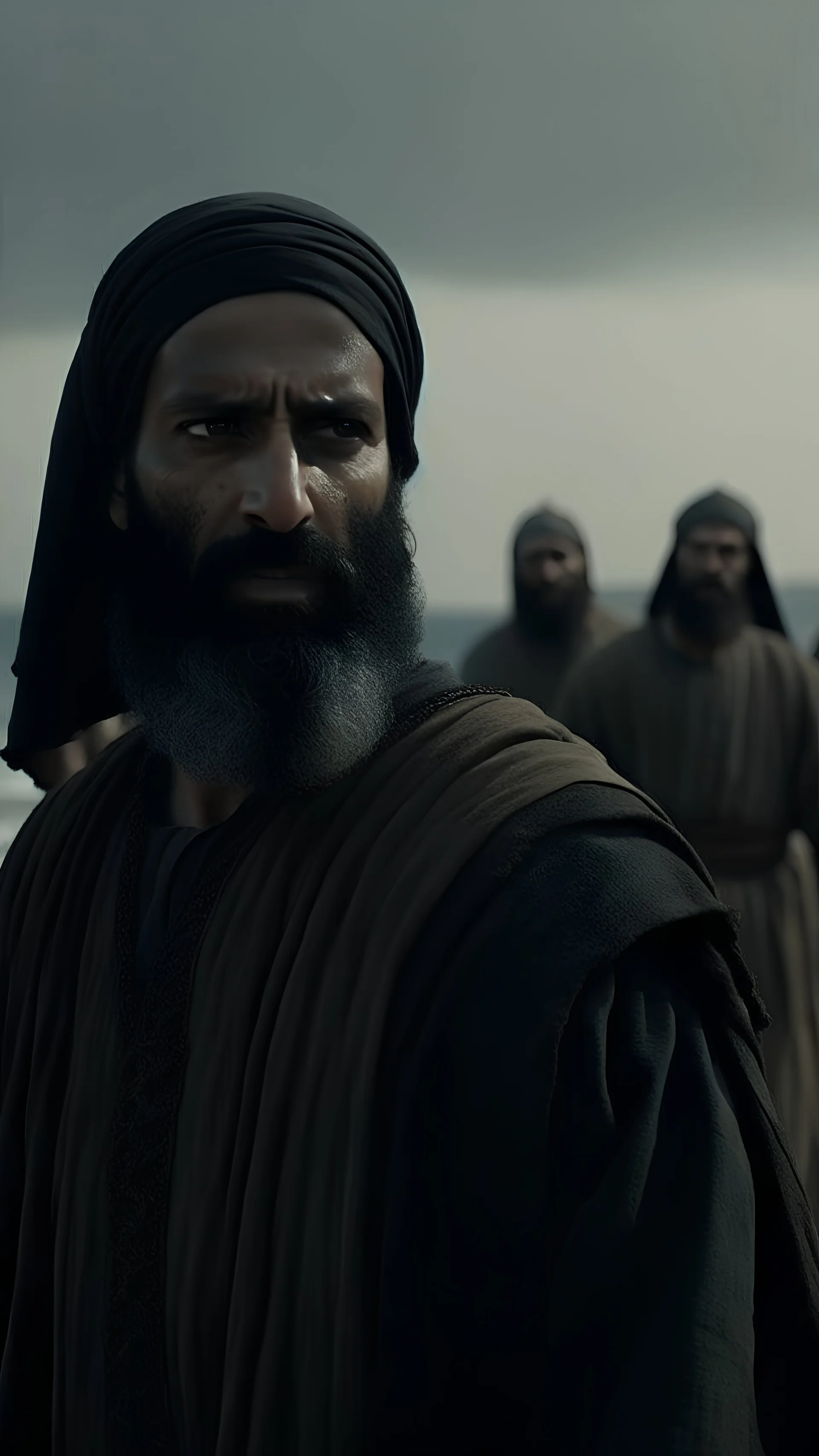 Imagine a scene of a big arabic Muslim man surrounded by a hill of his soldiers, not looking to the camera, short black beard, big nice face, addressing his soldiers near the seashore, burning ships, light black clothing, historical war clothing, eleventh century, large focus, great features, high quality, high detail, 4k, detailed textures.