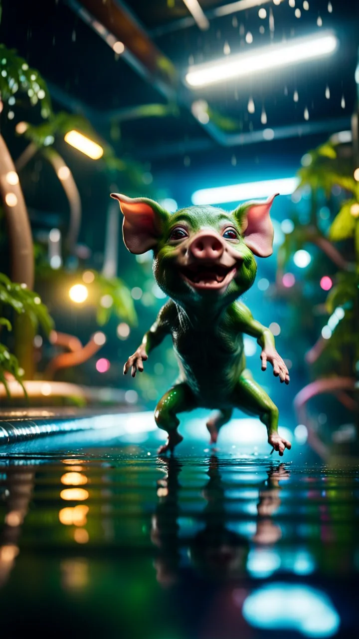 alien pig gremlin diving in water slide in the middle of crazy dance moves dancing on buss parked in dark lit reflective wet jungle hall tunnel,bokeh like f/0.8, tilt-shift lens 8k, high detail, smooth render, down-light, unreal engine, prize winning