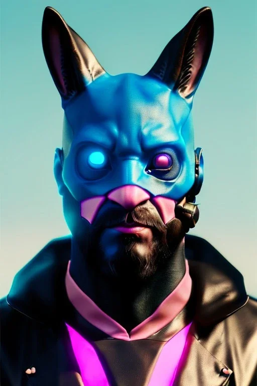 Medium Close Up Portrait, Front image. cyberpunk, rabbit mask, strong man, black hair and beard. latex suit army. cyan, Pink, black, color. Cyber futuristic style. Color background, photo studio. Avatar image, highly detailed, concept art, smooth, unreal engine 5, ray tracing, RTX, lumen lighting, ultra detail, volumetric lighting, 3d, finely drawn, high definition, high resolution.