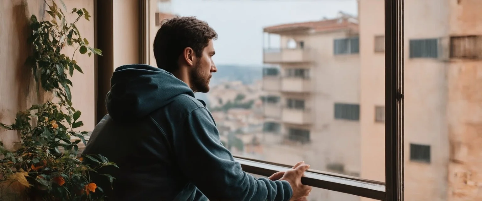 man in a hoodie is watching from the balcony painted by andrea del sarto