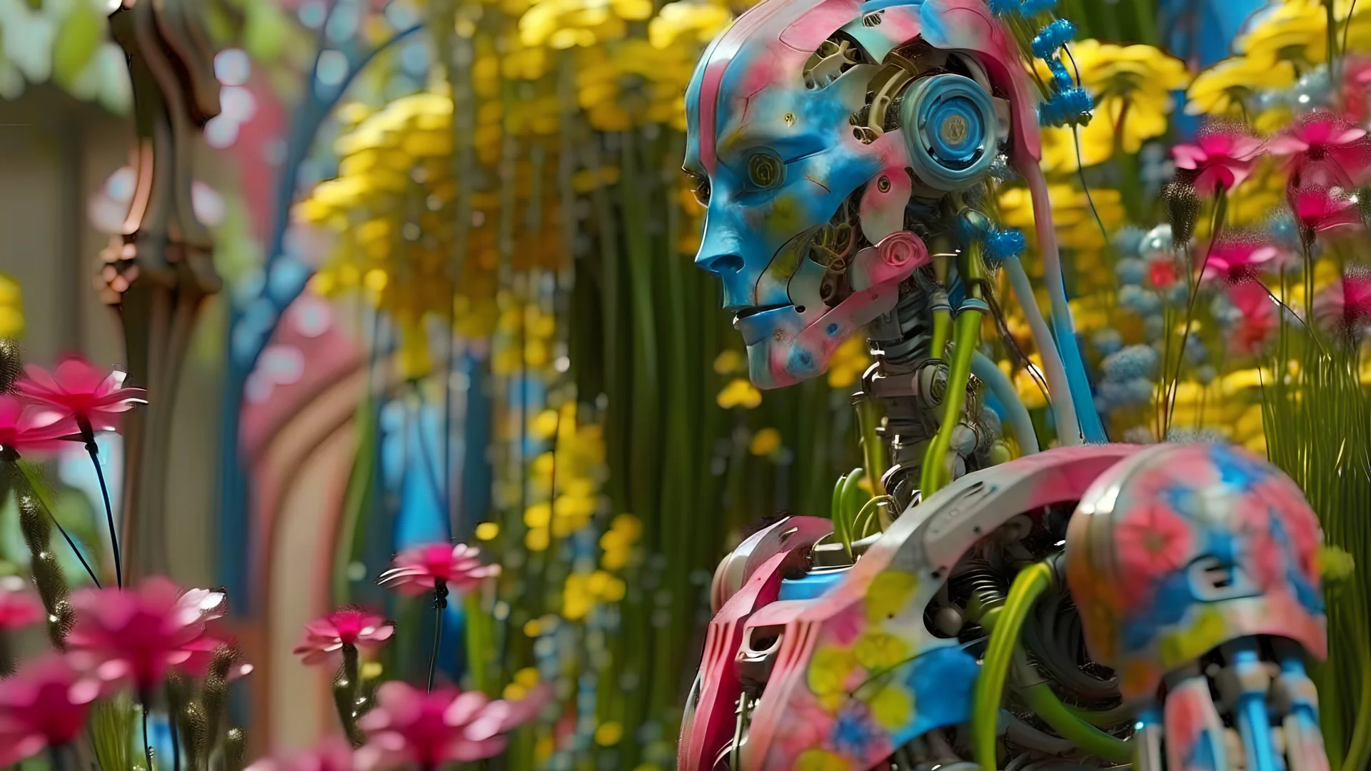 Paint, Pastel,An advanced humanoid robot developed World, everything is robotic even the trees and flowers everythibg