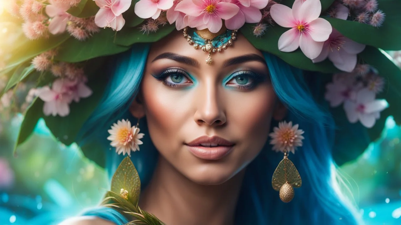 Close-up portrait of a gorgeous smiling skinny polynesian goddess with a golden dark shining skin, long smooth clear turquoise blue white hair, blue eyes, in a sci-fi outfit with luminous strikes blowing a kiss in a hill of flowers with sakura trees, a small torrent, loads of mini flowers, moss, sun rays through the branches, particles in the air at spring