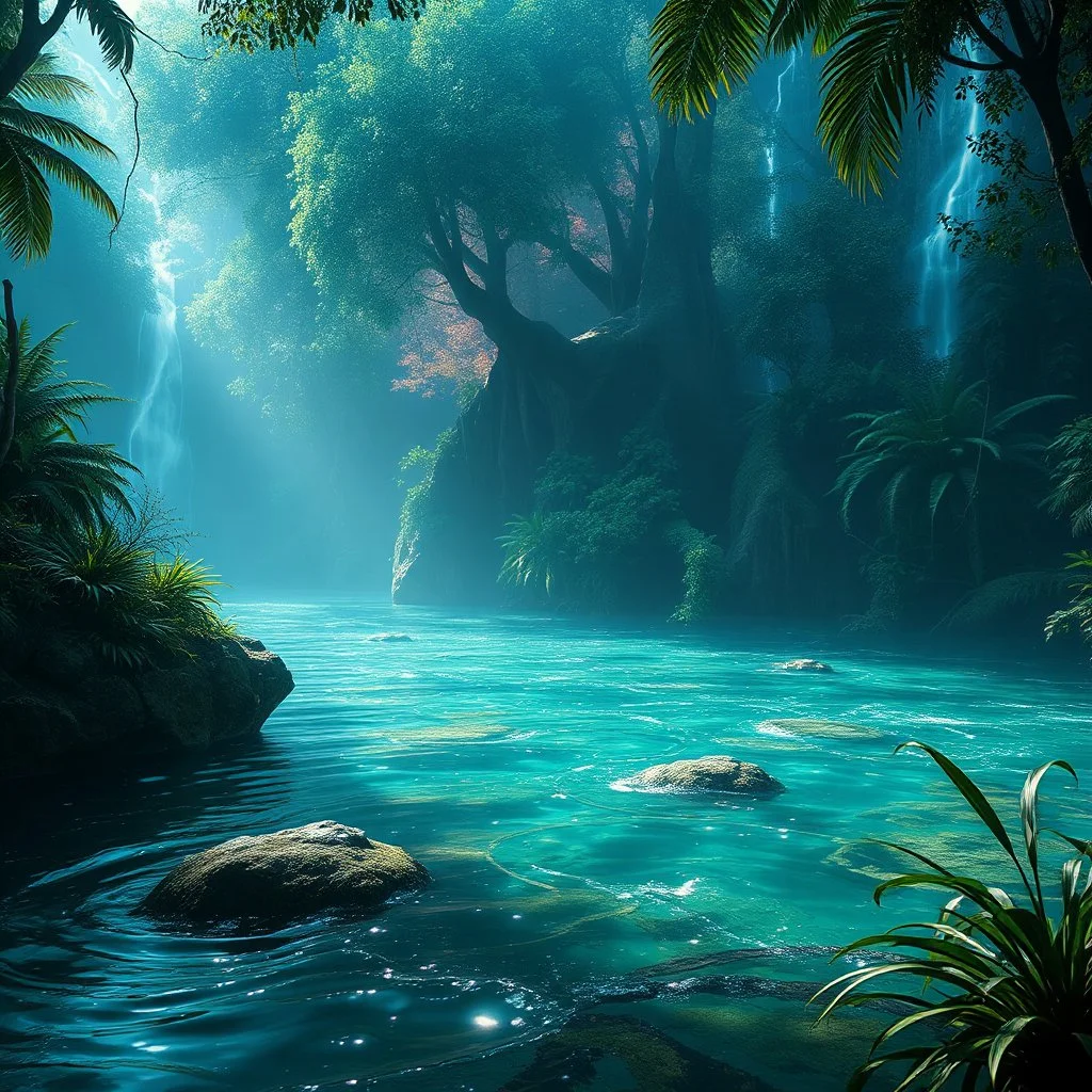 A hyper-realistic photo,glistening water, mystery jungle, cinematic BG, enchant color, dramatic scene,,,64k, ultra