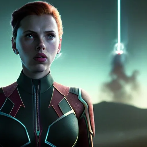 retro sci-fi portrait image from 1960, supermarket parking explosion, fire, classic black widow, young Scarlett Johansson, tight lycra suit, soft color, highly detailed, unreal engine 5, ray tracing, RTX, lumen lighting, ultra detail, volumetric lighting, 3d, finely drawn, high definition, high resolution.