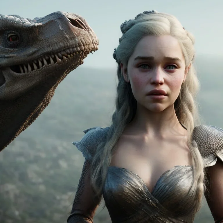 only perfect emilia clarke, wearing a dragon skull mask. fly hair, viking, village, highly realistic, highly detailed, mist around, smoke