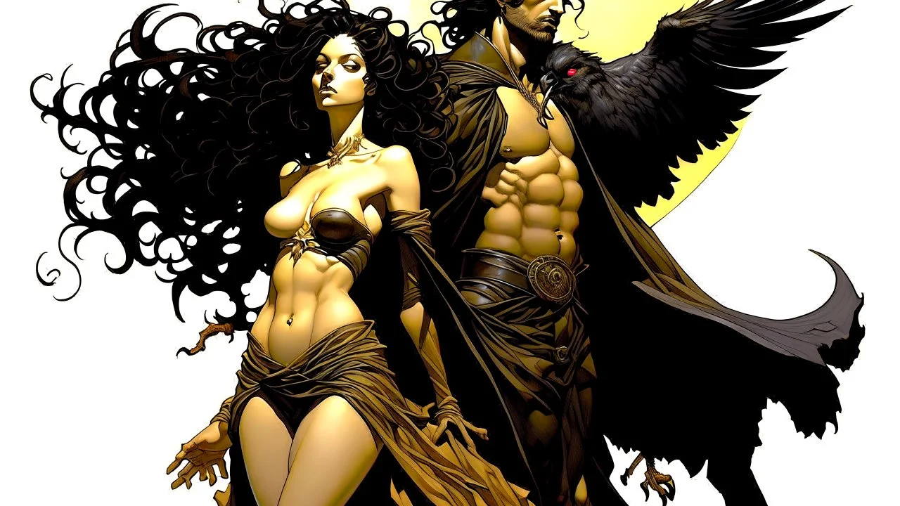 Venus, her hair loose like a moving orchestra, stands with an air of stealth, resembling a sculptural figure. Around him raven squawks in the foreground.