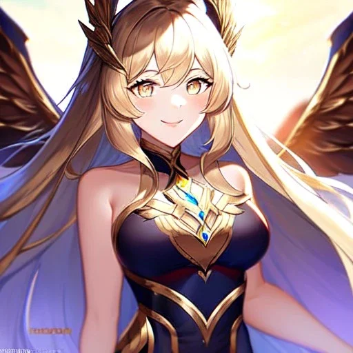 Clear focus, 8k, high quality, detailed, beautiful lighting, vibrant colors, golden long hair, vibrant white eyes, girl, smile, valkyrie, qreen