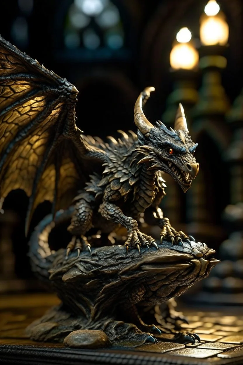 terrifying winged rat dragon hovering above gargoyle sculpture with rattle snake head on underground bone bridge, wizard spell background, in the style of fantasy movies, photorealistic, shot on Hasselblad h6d-400c, zeiss prime lens, bokeh like f/0.8, tilt-shift lens 8k, high detail, smooth render, down-light, unreal engine 5, cinema 4d, HDR, dust effect, vivid colors