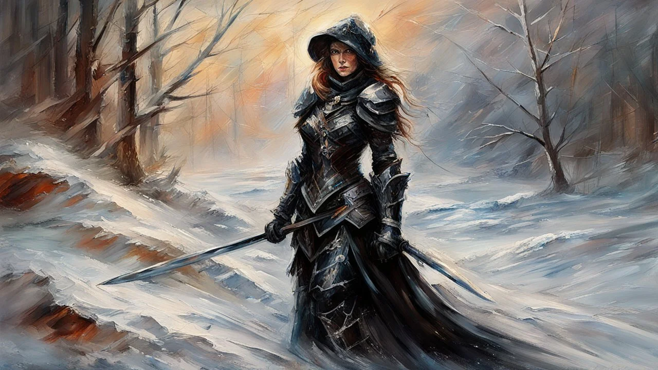 a warrior woman in black armor on the background of a cold snow-covered country, ice and crystal, frost and snow, oil and pastel, by Leonid Afremov & Atelier Olschinsky & Anna Razumovskaya