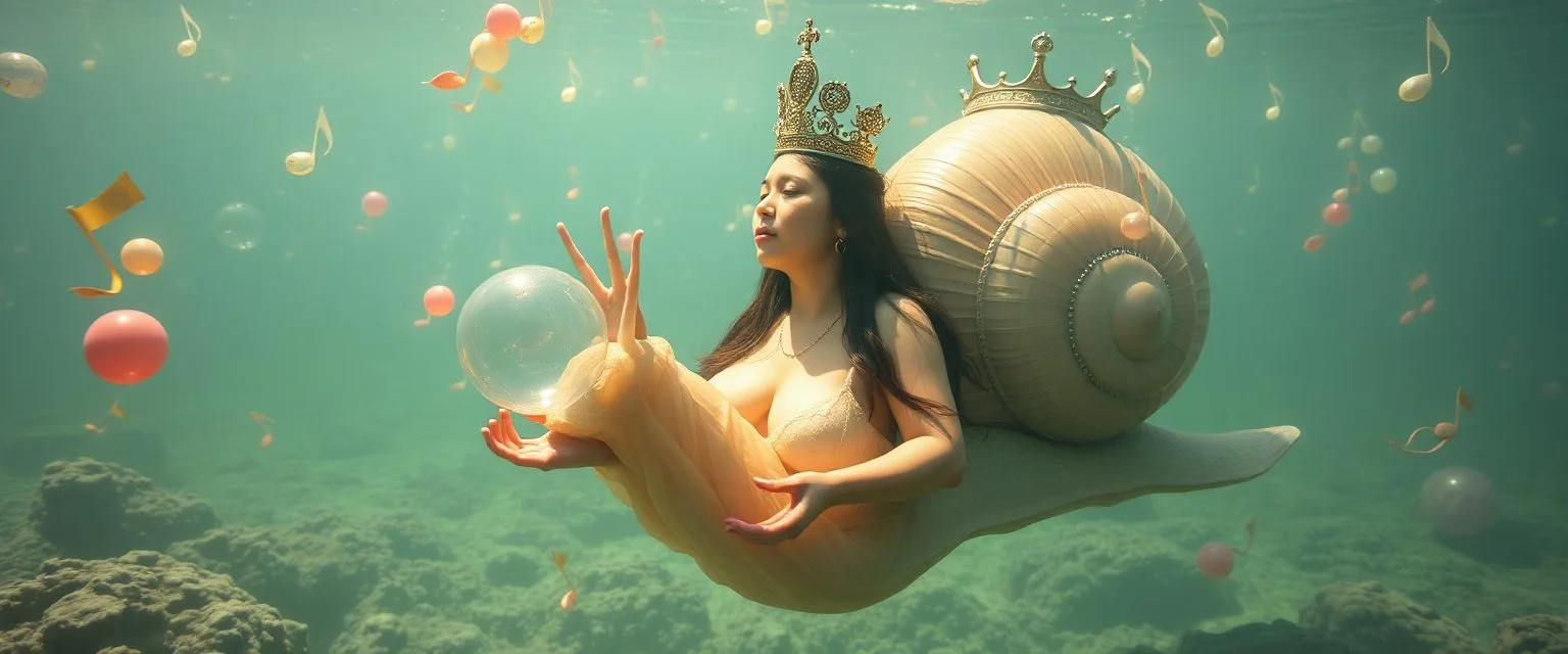 fat queen true yoga mind bending bubble gum as a young woman floating transparent music notes in the weirder universe in the ocean with the snail fish king in the style of Giger