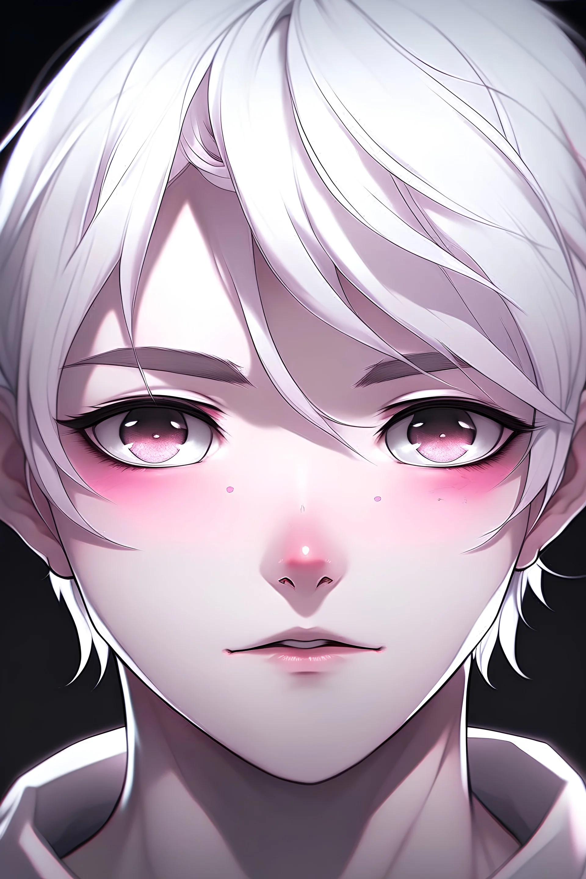 وجه شاب انمي ابيض مع شفاه ورديه و عين سوداء مضيئة و حواجب بيضاء و شعر ابيض و حرف Z علي صدره