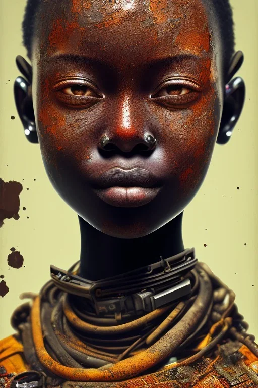 african portrait in tears, rusted clocks, rust, scaffolding, perfect face, high detail