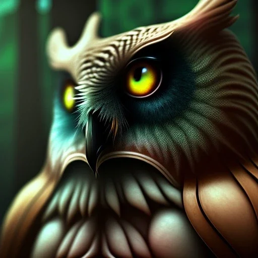 intricate details, realistic, octane, unreal engine, portrait, natural lighting,shiny, Photorealism, High detail, Hyper realistic Owl in forest, macro lens blur,sharp focus,masterpiece trending by artstation