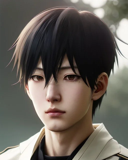 Detailed sad male anime boy with long brown hair, intricate details, full body portrait, keep head in frame, slight, black Japanese motif, concept art, highly detailed, digital painting, concept art, sharp focus, illustration, art by Yoji Shinkawa, WLOP and greg rutkowski and alphonse mucha and artgerm and yanjun Chen and Junji ito and Makoto Shinkai, HDR, octane render