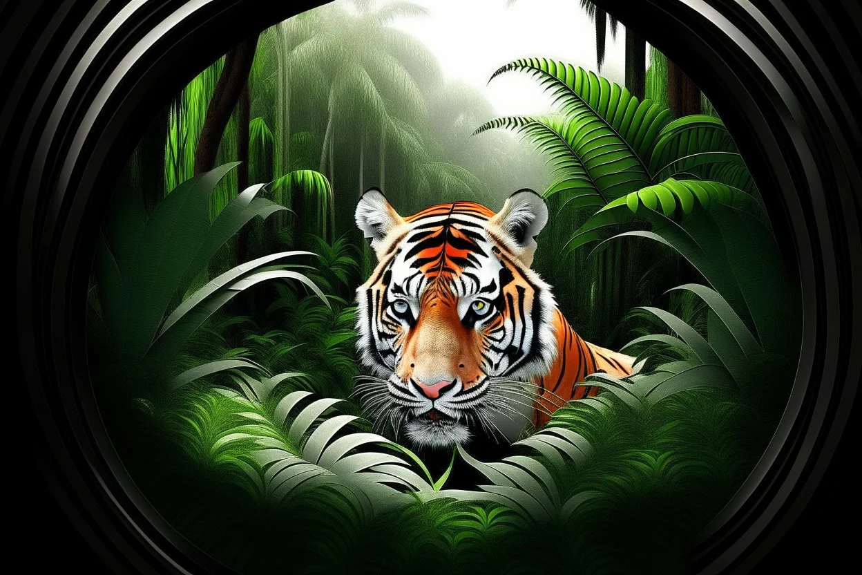 white,background,looking,through,a 3-d, hole,or,window,,and seeing tiger in tropical jungle