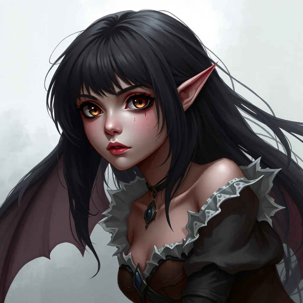 a beautiful girl, skinny, dark hair, vampire, young, medieval fantasy, digital art, stylised