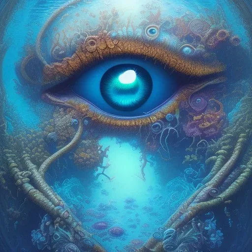 underwater ocean scene reflected in pupil of eye by naoto hattori, mihai criste, sara arasteh, gregory grie, salvador dali, intricate, elegant, highly detailed, centered, digital painting, artstation, concept art, smooth, sharp focus, illustration, artgerm,