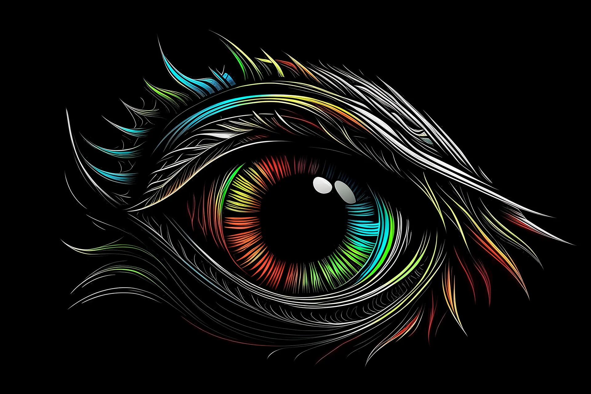 Line art, single drawn dragon eye with multicolor line, black background