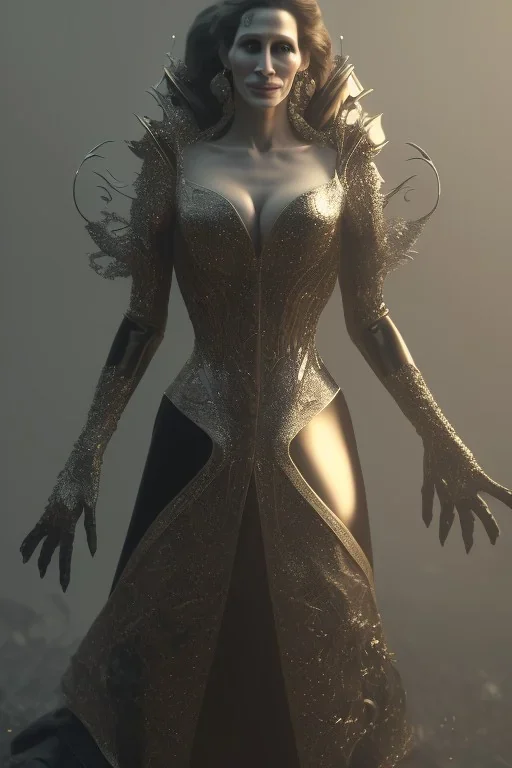 Julia Roberts as evil queen in black leather gown, evil, busty, cleavage, curvy, angry, stern look. character design by cory loftis, fenghua zhong, ryohei hase, ismail inceoglu and ruan jia. unreal engine 5, artistic lighting, highly detailed, photorealistic, fantasy