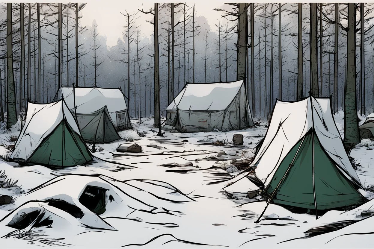campsite, winter, tents, overgrown, post-apocalyptic, comic book, forest