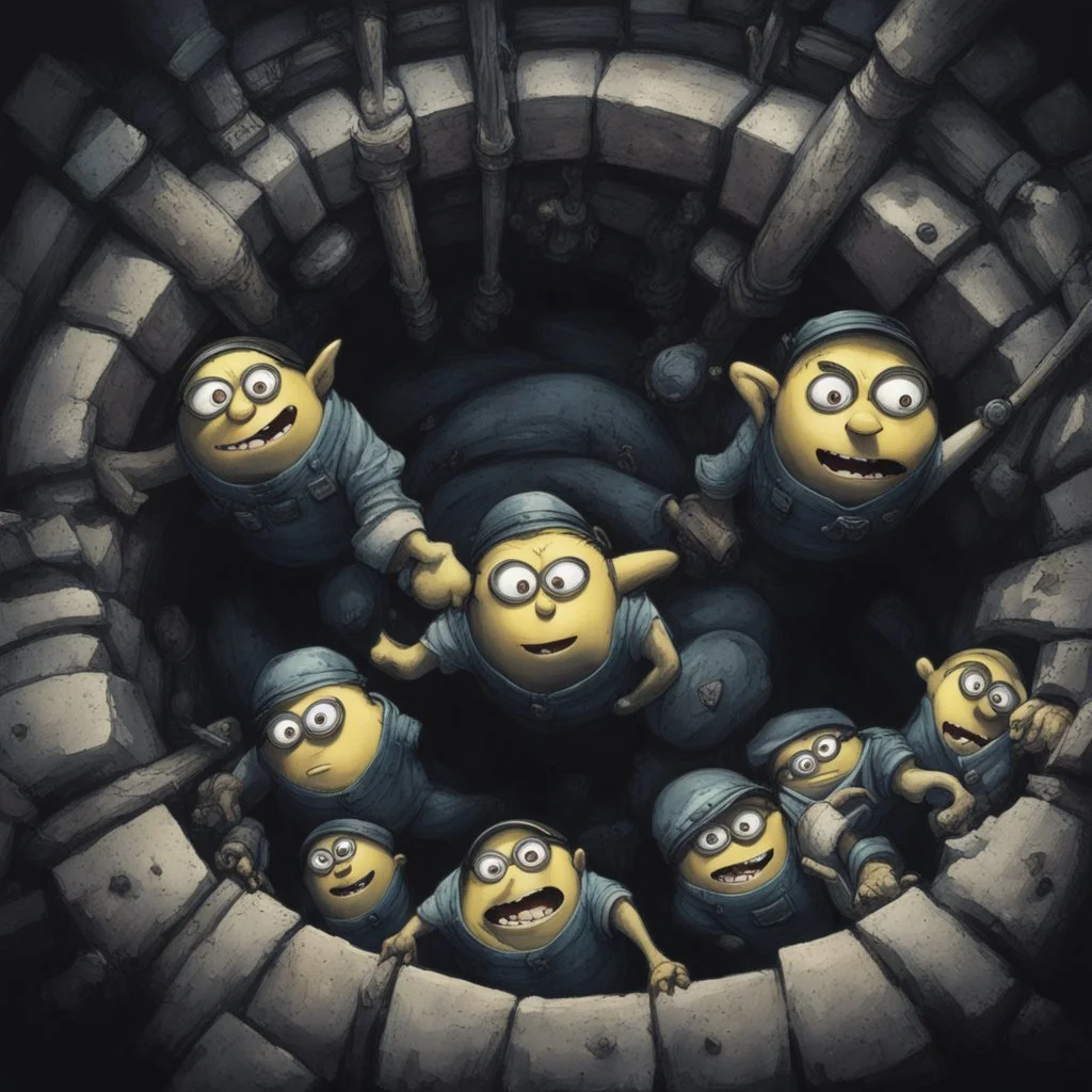 From the perspective looking up from the bottom of a well, creepy evil Minions looking down at you, by Mark Brooks, dark bright colors.