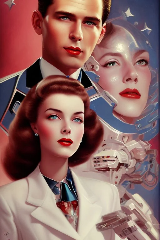 american dream portrait hansome man and a robot wife1950s