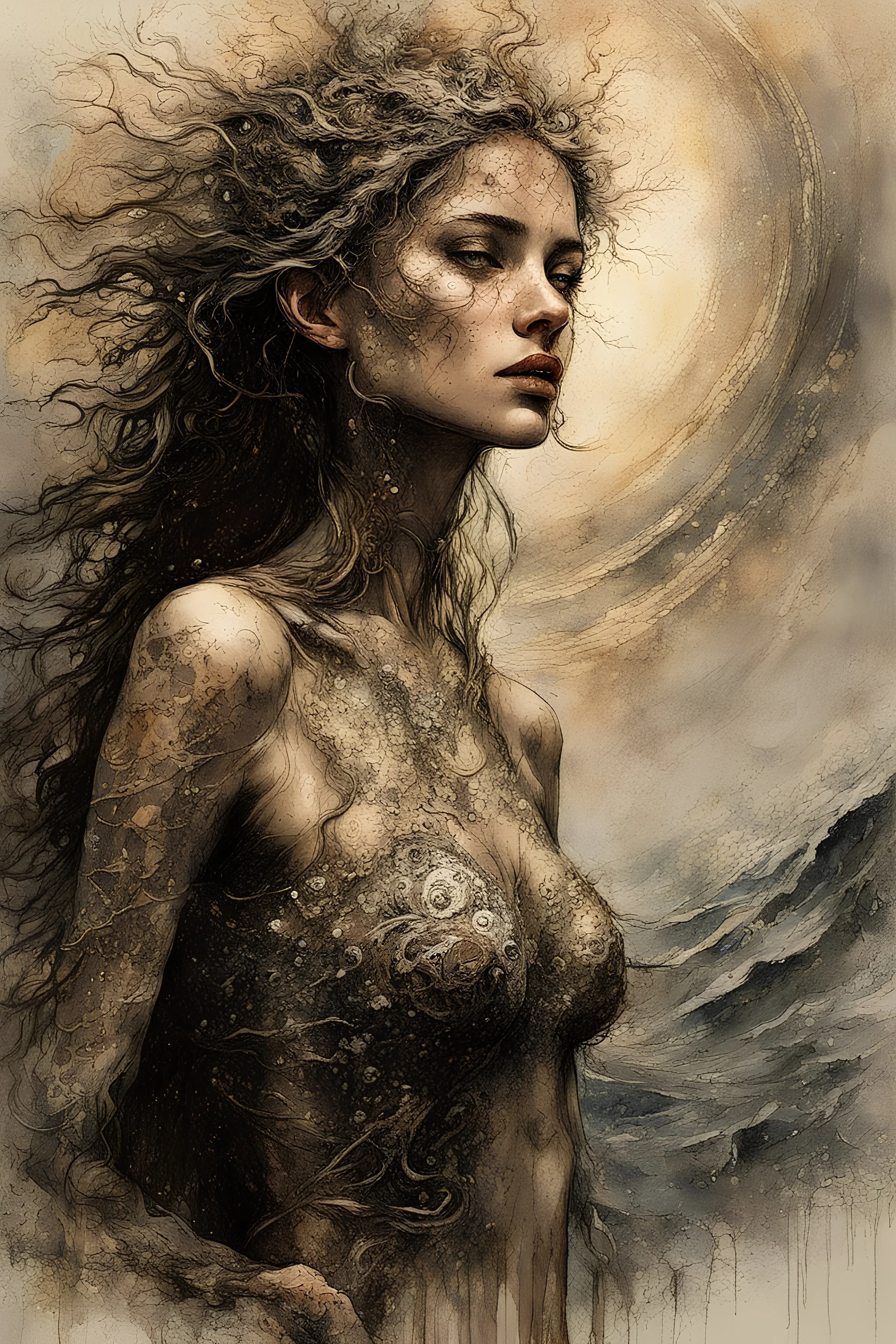 Hyper-photorealistic watercolor art style by Luis Royo & Dmitry Kustanovich, Surreal fine art etching of a figure by Luis Royo, tanned skin inscribed with the transient story of mortality, ethereal light playing with its form whispering tales of an eternal realm, eyes, black as the depths of the night, ardently pinand looking towards the endless skies, a crown of black hair mirroring the mystery of the cosmos around, whole scene tinged with an ethereal softness from volumetric lighting, hues gr,