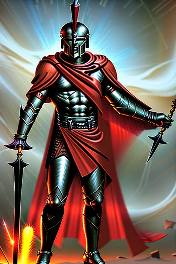 Planet Mars portrayed as a menacing man wearing Roman-like armour, a red cape, and a spartan helmet that covers his face entirely, he is armed with a spear and a spartan shield, his armour is covered with battle marks