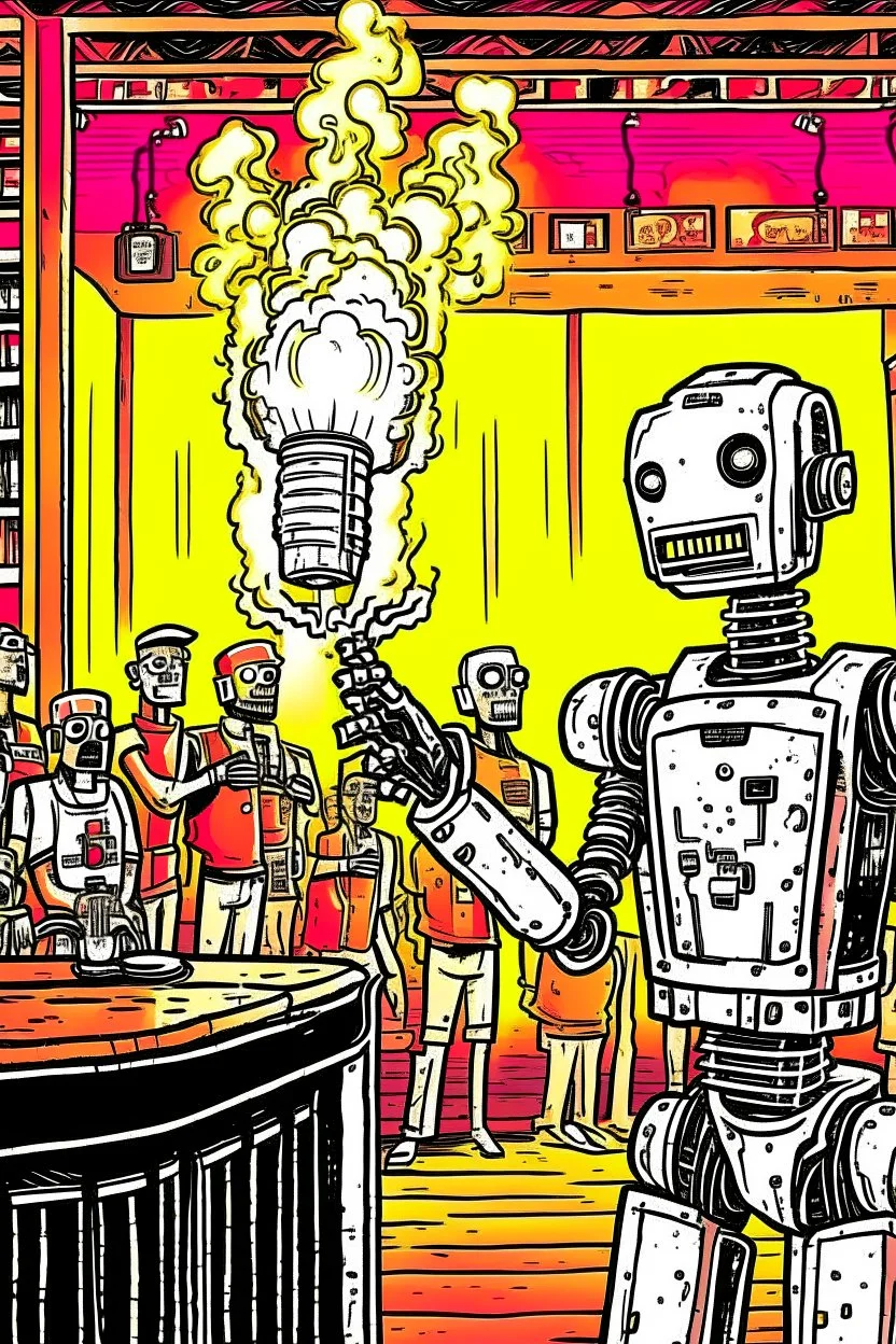 A robot hard rock fan hosts a radio show in a burning club gets yelled at by a human.