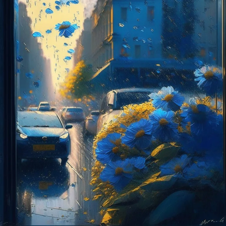 morning, window, rain, blue, flowers in the road, city, crowd, cars, sunlight, golden