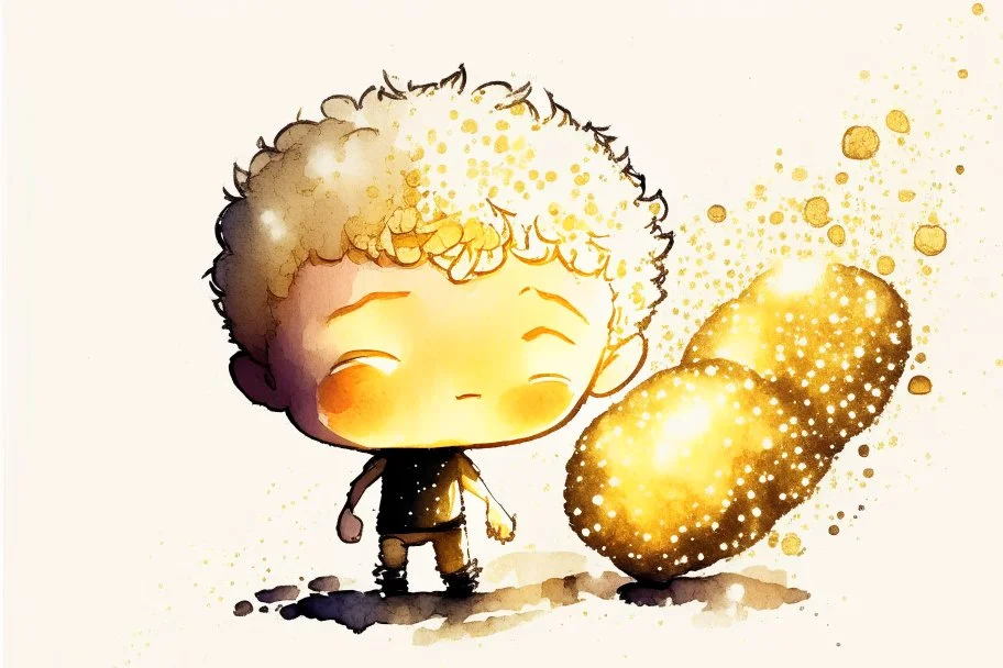 cute chibi mark zuckerberg with a big garlic in sunshine, watercolor and black in outlines, golden glitter, ethereal, cinematic postprocessing, bokeh, dof