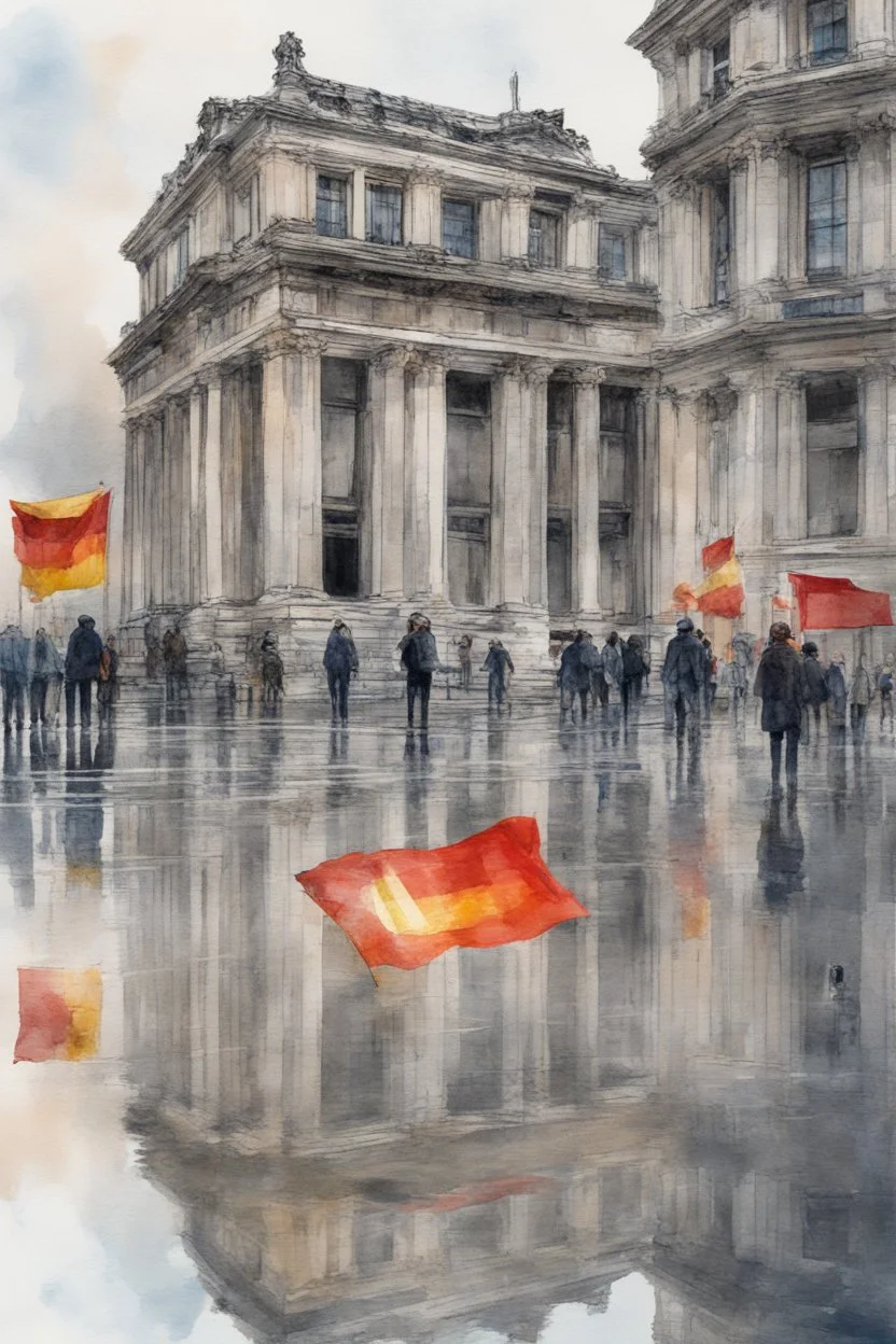 Typical Germany, Reichstag architecture, one small German flag hanging on the facade of the building. People on the street are reflected in a puddle on the asphalt. Watercolor style. 8k quality