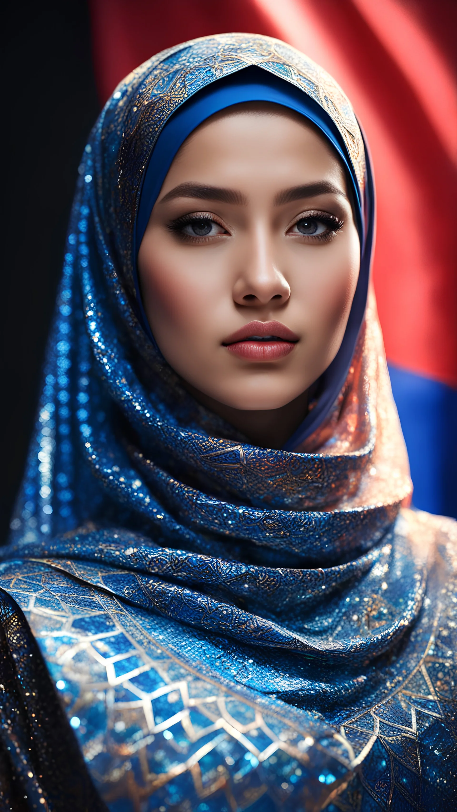 Tilt shift 3d holographic editorial photo, beautiful malaysian muslim girl wearing hijab, 18 year old female beauty, dress in merdeka malaysian flag, independent day, full frame, refraction, diffraction. Gouache, dry brush, chiaroscuro, dramatic lighting, intricate details, scifi fairytale, surrealism, by ilya repin, by mike mignola, highly detailed oil painting, brush strokes, complex composition, Art by J. C. Leyendecker, John Williams Waterhouse, Tom Bagshaw, Maxfield Parrish, Ellen Seg