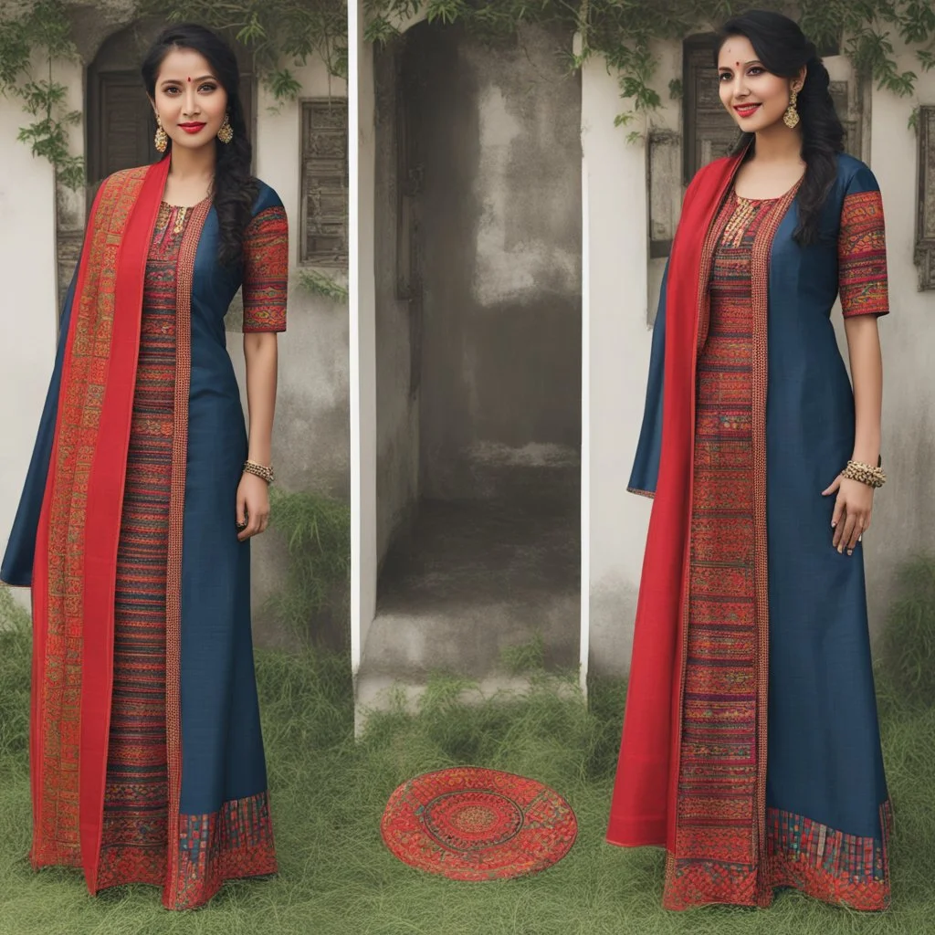 Aesthetic, 3D, Digitized, Hyper realistic, Surreal, Mesmeric, "Assamese Ethnic Tribal / Traditional Woven Women Attire" & Textile (Handloom) Industry themed Mekhela Chador (The bottom half of this distinct dress is called the 'Mekhela ', a round fit used waist downwards over a petticoat) designs, **Featured Designs:** The Revivalist - A young Assamese woman on a mission to revive fading weaving traditions. She combines old and new in her advocacy for mekhela sador. **Appearance:** Fictional fema