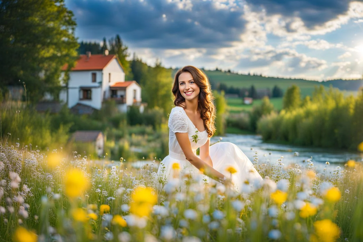 Young woman in flower field in country side ,river, houses,blue sky ,nice clouds,god rays