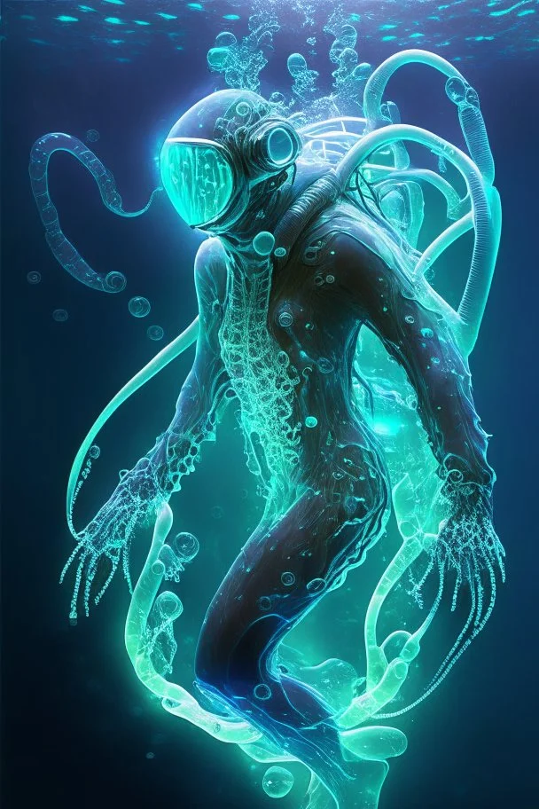 scuba diver, futuristic scuba suit, weightless swimming, bioluminescent sea, squid tentacles, translucent skin