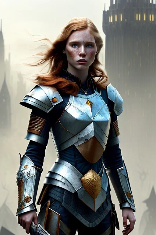 ultrarealistic, ruined city,__skimpy fantasy armor__, no star, __angles__, 18 year old woman, strikingly beautiful,ginger hair, _colour_, (pale __skincolor__ skin:1.2), __camera__, _hair_, detailed face and eyes, medium breasts, fantasy theme, freckles, dynamic pose, resolved expression, __accessory__, strappy outfit, (straps:1.1), sword in scabbard on left hip, (buckles, buttons, snaps, rings:1.0), haltertop style breastplate, detailed eyes, plump lips