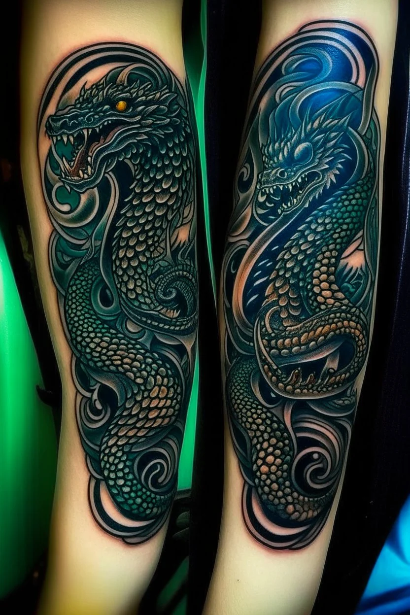 thigh stylized dragon tatoo, stylized snake tatoo wrapped in the things, leg focus, thigh focus