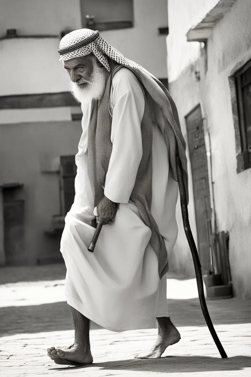 An old man wearing an Arabic keffiyeh, his back bent, walking barefoot, holding his cane upside down, looking back and holding his shoe in his hand.