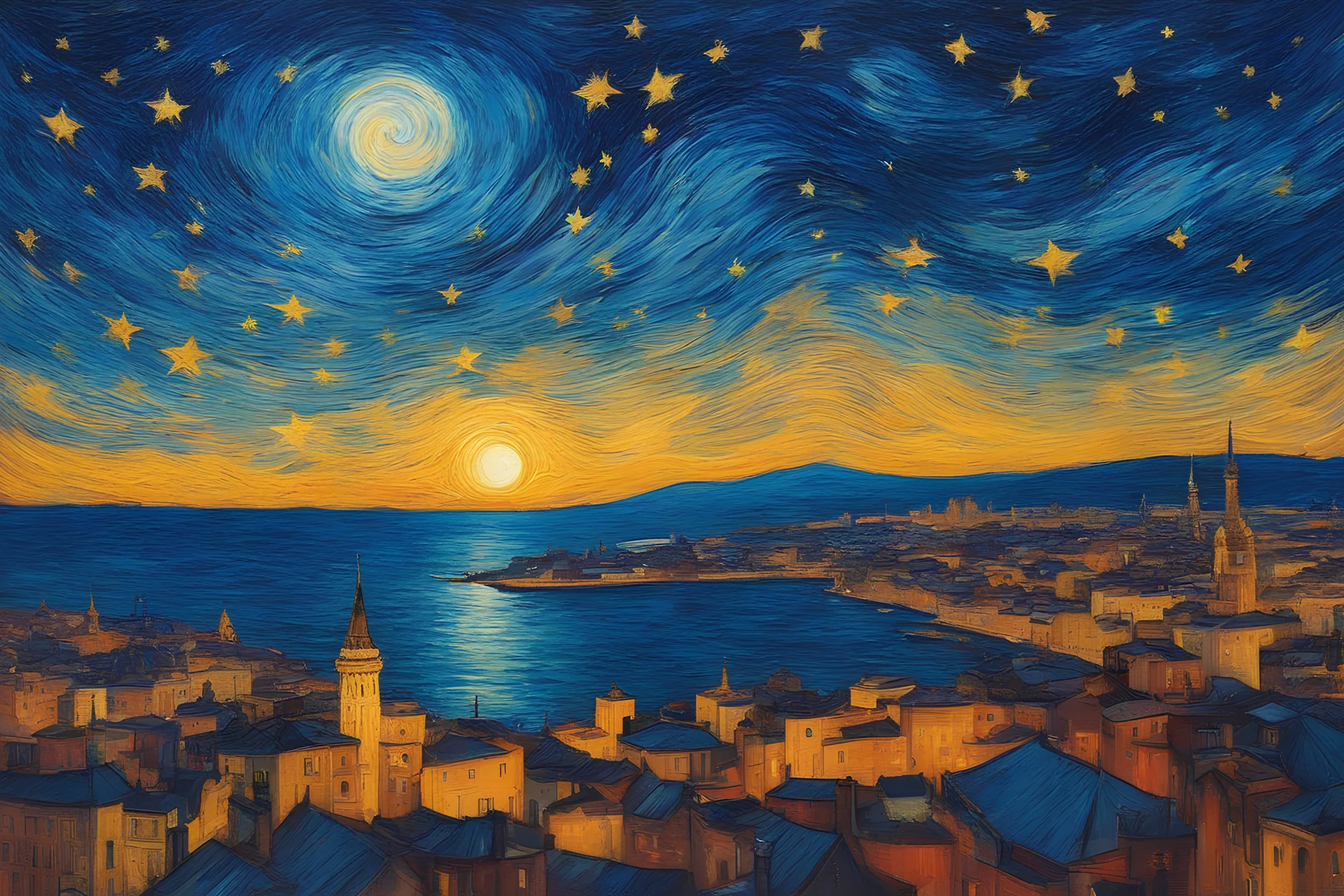 Vincent Van Gogh's Starry Night and Istanbul's iconic cityscape with the majestic Galata Tower capture the spirit of the swirling, expressive night sky, The city's skyline, adorned with the signature Galata Tower,and the Bosphorus fill the composition with a vibrant color palette, emphasizing the harmony between the celestial and terrestrial elements, Let the luminous crescent moon and twinkling stars illuminate with their magical radiance